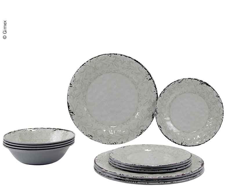 Melamin Geschirr-Set Stone Sand,12teilig, für 4 Personen, Teller+Schüssel