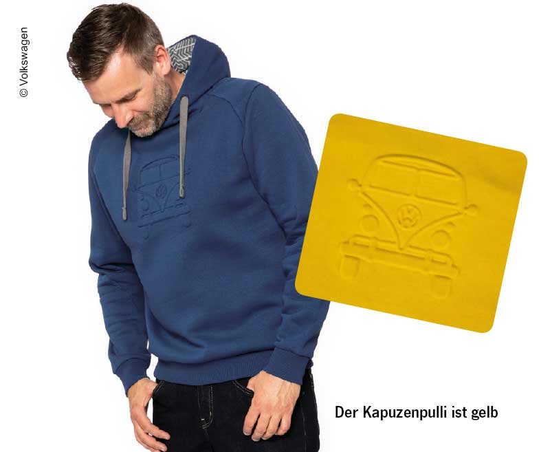 Kapuzenpullover VW Bulli, Größe M, gelb, 65% Baumwolle/35% Polyester